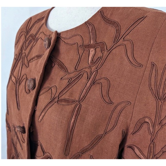 Carmen Marc Valvo Brown Linen Women's 12 Embroidered Snap Front Jacket - Picture 3 of 10